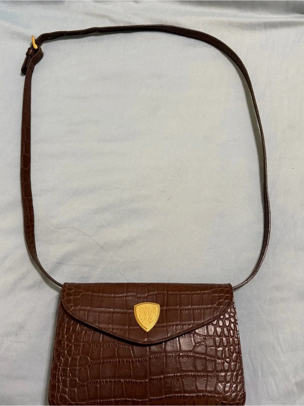 Croc-Embossed Brown Leather Envelope Clutch/Cross Body w/Gold Blaine Trump Logo